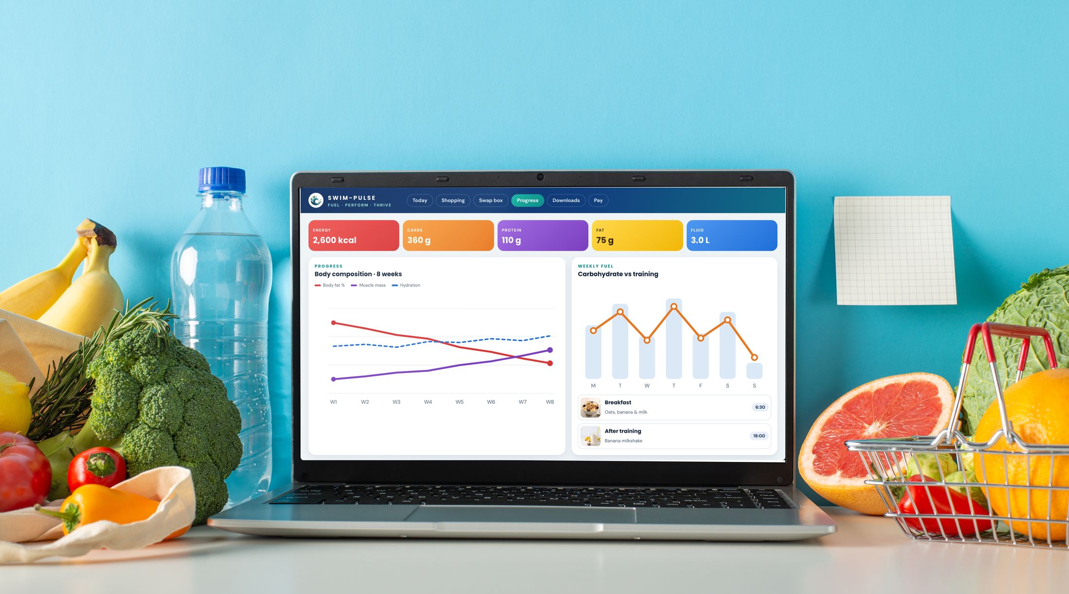 The Swim-Pulse athlete app on a laptop surrounded by fresh food