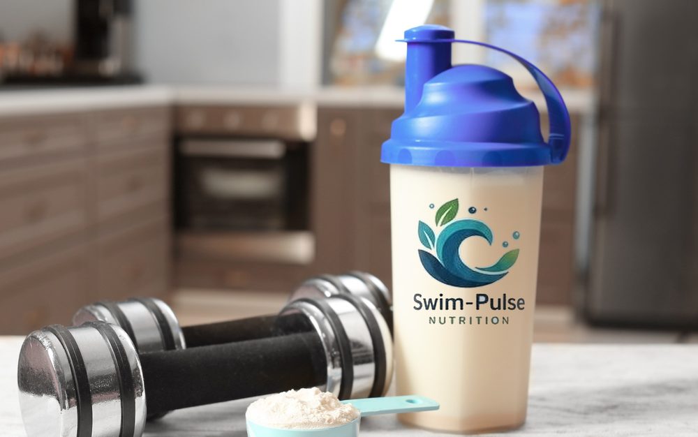 Swim-Pulse Nutrition shaker bottle with a recovery shake, dumbbells and a protein scoop